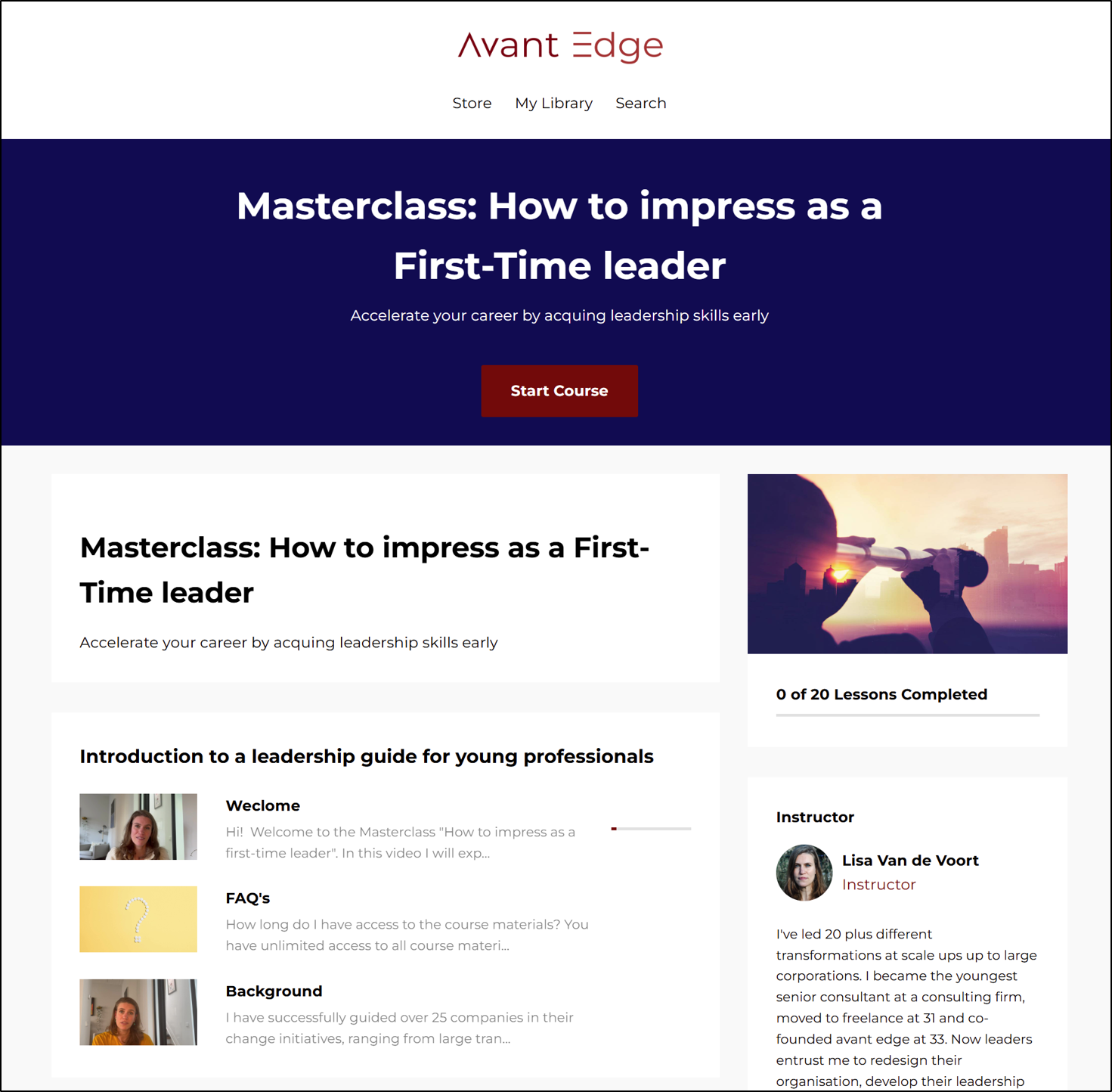 The landing page of the course